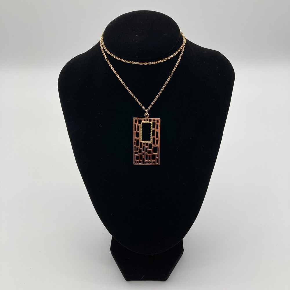 Vintage Michele Lynn Brutalist Gold Tone Open Work Geometric Pendant Necklace